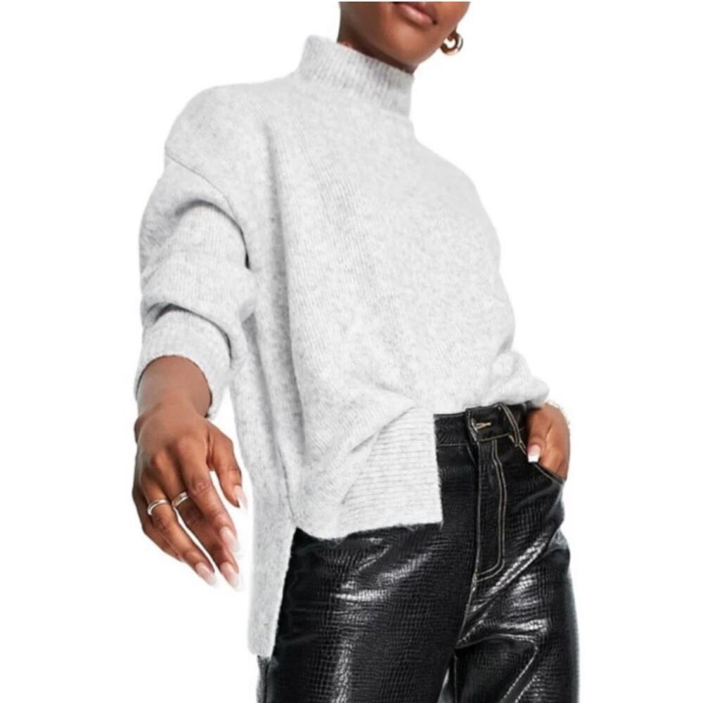 TopShop Cropped Mock Neck Ribbed Sweater, Casual, Minimalist, Capsule, Gray, 12